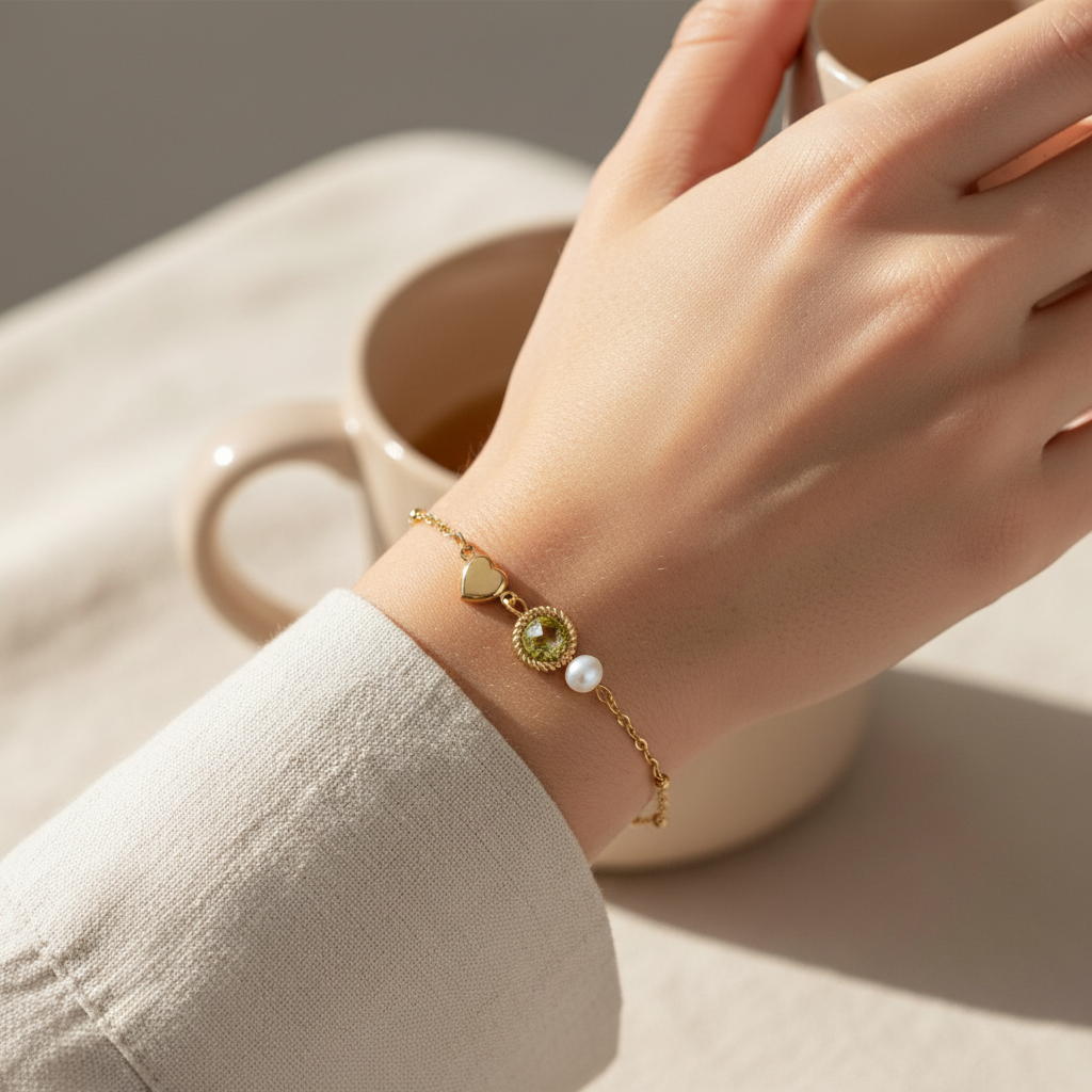 Peridot, Pearl & Heart Bracelet - Gold