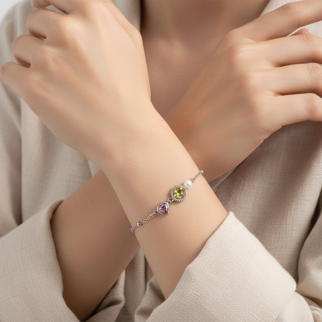 Peridot, Pearl & Heart Bracelet - Silver