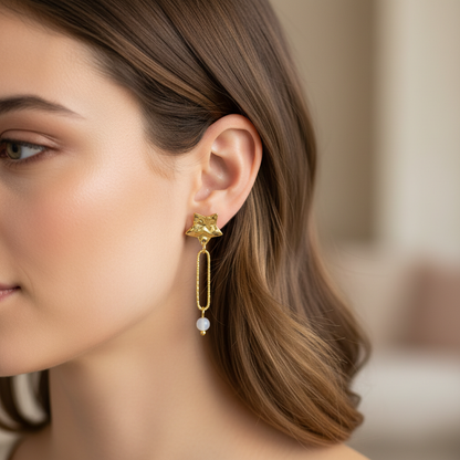 Star & Moonstone Earrings - Gold
