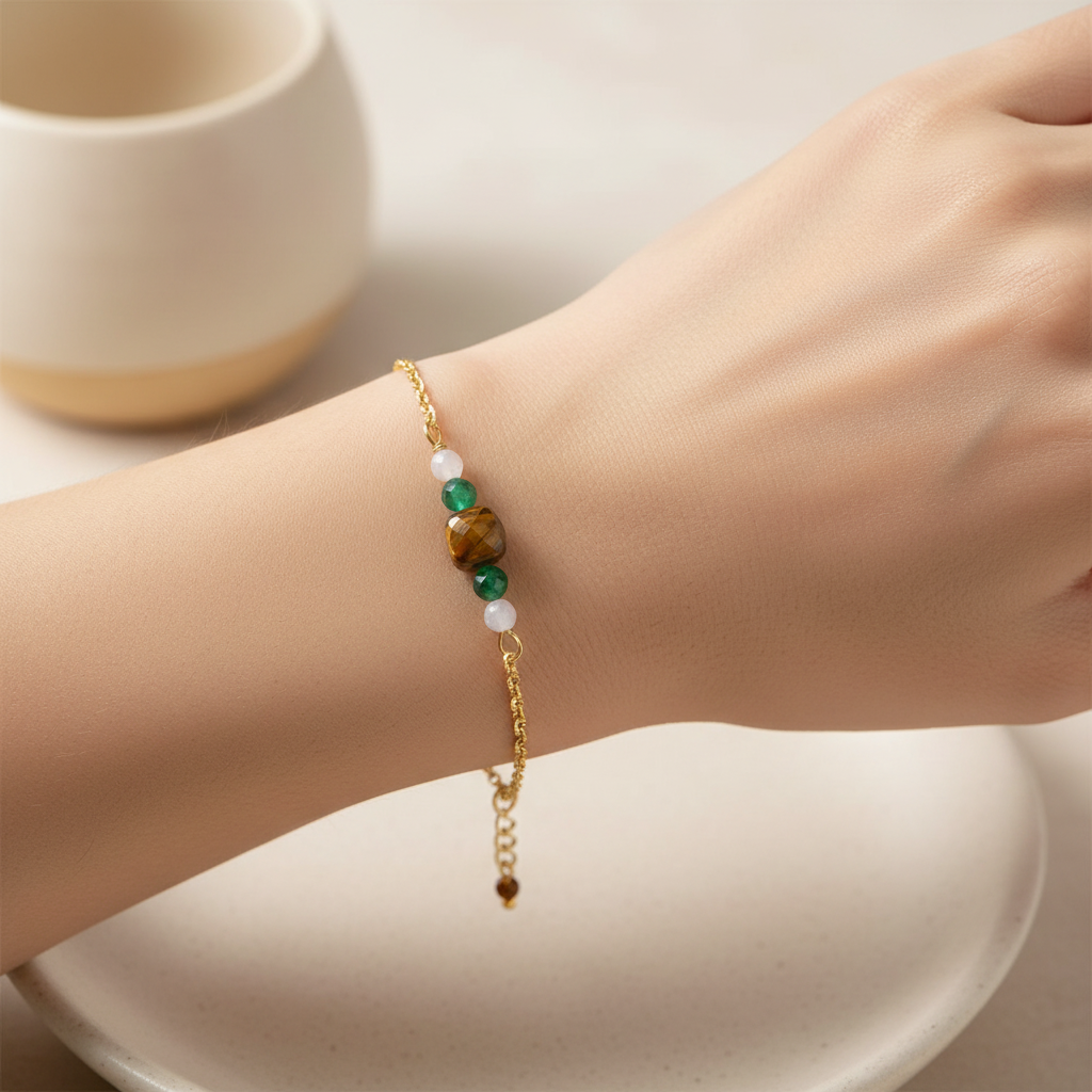 Tiger Eye & Emerald Bracelet - Gold